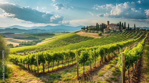 A picturesque vineyard in Tuscany with rows of grapevines and rolling hills