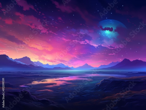 Fantasy scenes of a sprawling steppe under a twilight sky, painted in synthwave colors, turning the grasslands into a dreamlike vista with an illustration template