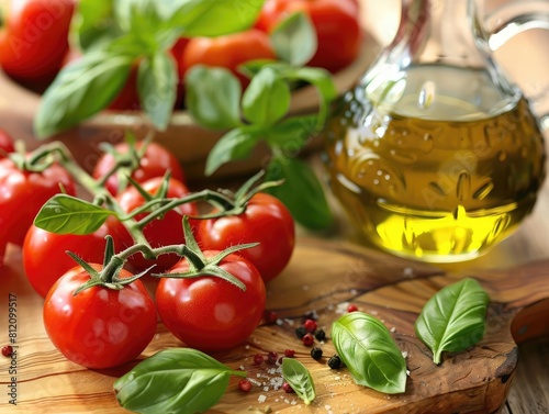 Closeup shots of fresh ingredients used in Italian cooking, such as tomatoes, basil, and olive oil