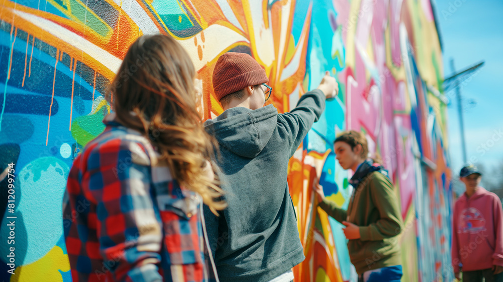 Naklejka premium Teens gathered at a graffiti art workshop, expressing themselves through vibrant colors and creative designs on a communal mural. Dynamic and dramatic composition, with copy space