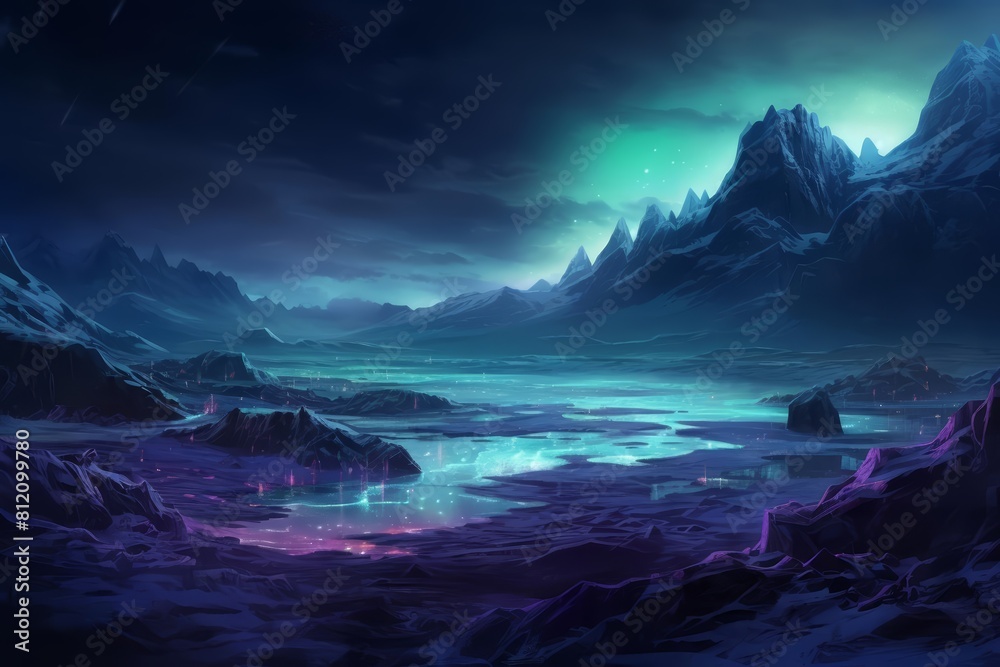 Futuristic landscape view of an icy tundra, where glowing auroras dance above, depicted in cyberpunk color with a sharpen landscape focus Futuristic landscape view of an icy tundra, where glowing auroras dance above, depicted in cyberpunk color with a sharpen landscape focus