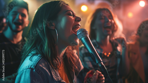 A group of friends hosting a karaoke night, belting out their favorite tunes and cheering each other on as they take the stage. Dynamic and dramatic composition, with copy space photo