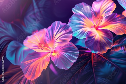 Abstract neon background with hibiscus flowers in violet  orange  purple colors