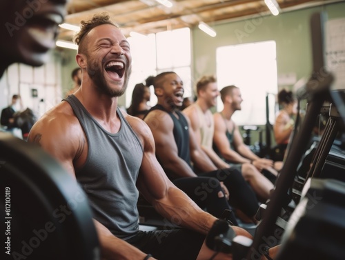 Happy individuals laughing and lifting weights at a fitness studio