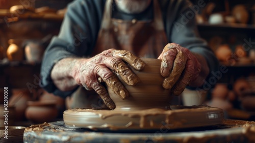 Potter's hands shaping clay on the wheel in a rustic workshop. Created with Generative AI