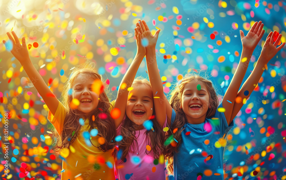 Three little girls standing in front of a group of colored confetti. Generative AI