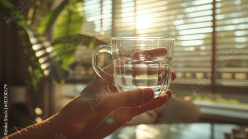 The close up picture of the person is holding the cup of the clear water by their own hand to relax inside the living room for the relaxation near the window that has been shine with sunlight. AIG43.