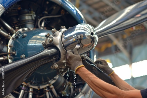 Close-up of hands with gloves tightening a propeller on an aircraft engine in a hangar. Created with Generative AI