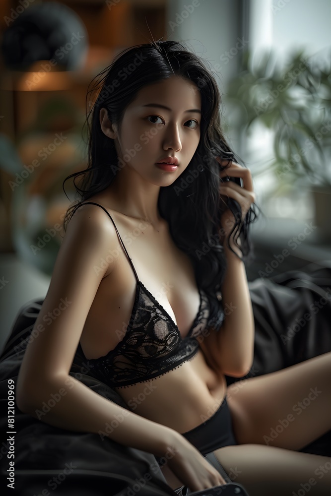 A woman in lingerie sitting on a bed A woman in lingerie sitting on a bed