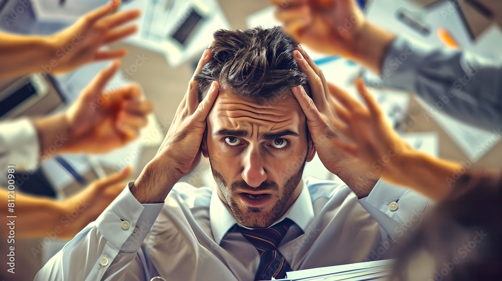 Overwhelmed Office Worker Surrounded by Flying Papers. Professional Chaos and Stress Management at Work. Deadline and Busy Workplace Scene. Coping with Corporate Pressure. AI Overwhelmed Office Worker Surrounded by Flying Papers. Professional Chaos and Stress Management at Work. Deadline and Busy Workplace Scene. Coping with Corporate Pressure. AI