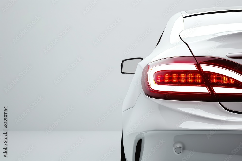 Rear angle view of a white car with distinct LED taillights on, against a plain background. Created with Generative AI