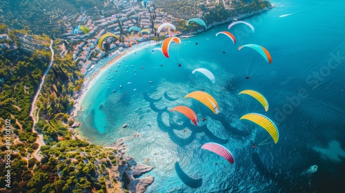 paragliding over the blue sea with green mountains