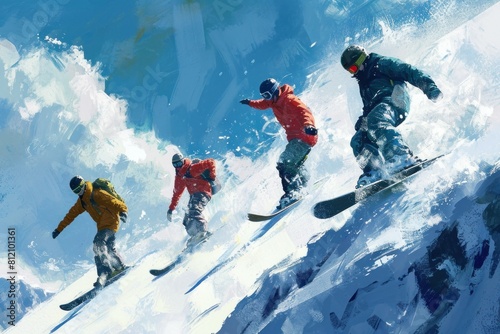 Vibrant illustration of snowboarders in action on a snowy mountain descent photo