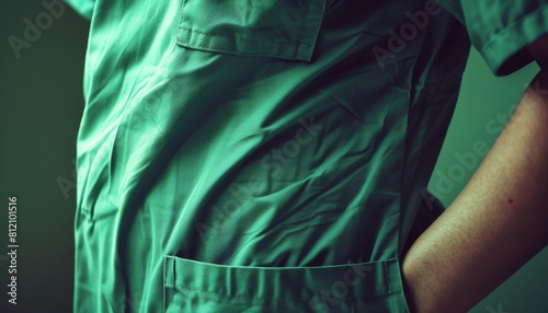 Crisp image of a healthcare professional s torso in green scrubs, symbolizing care and medical expertise photo