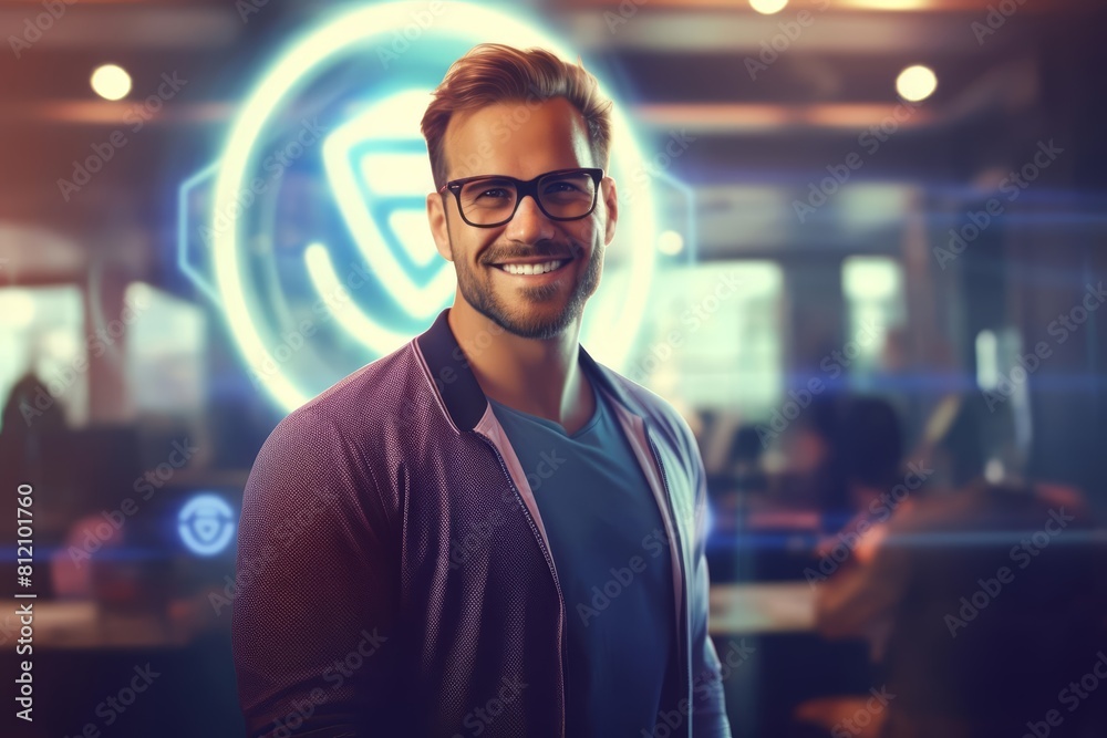 Portrait of an entrepreneur with Glow HUD big icon of a startup logo Portrait of an entrepreneur with Glow HUD big icon of a startup logo