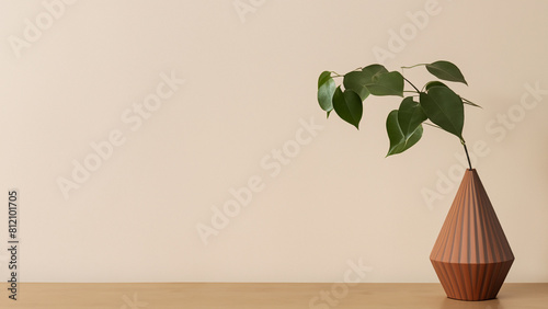Minimal Plant on wooden table, Modern organic shaped vase. Beige wall background. Elegant minimal interior, home decor.
