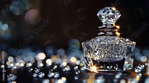 Sparkling diamonds adorning a stunning perfume bottle, their brilliance contrasting beautifully with the darkness of a black backdrop, evoking sophistication and allure photo