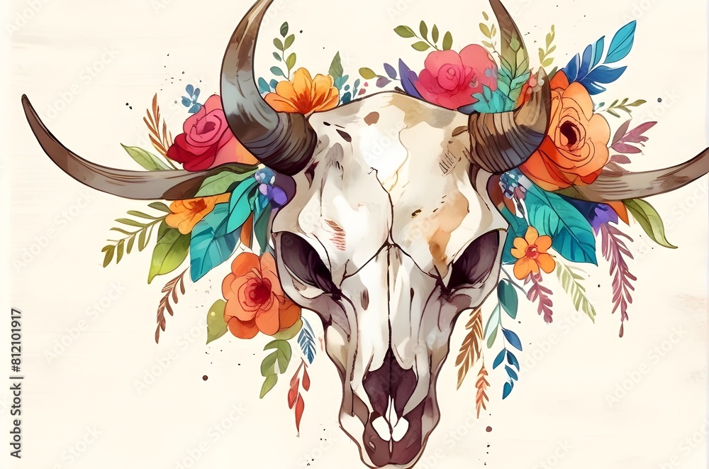 Watercolor painting of cow skull decorated with flowers and colorful ...
