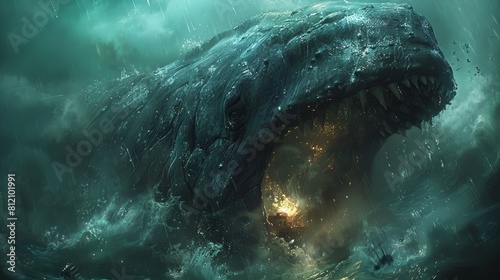 A giant sea monster with a gaping mouth full of sharp teeth is rising from the depths of the ocean. photo