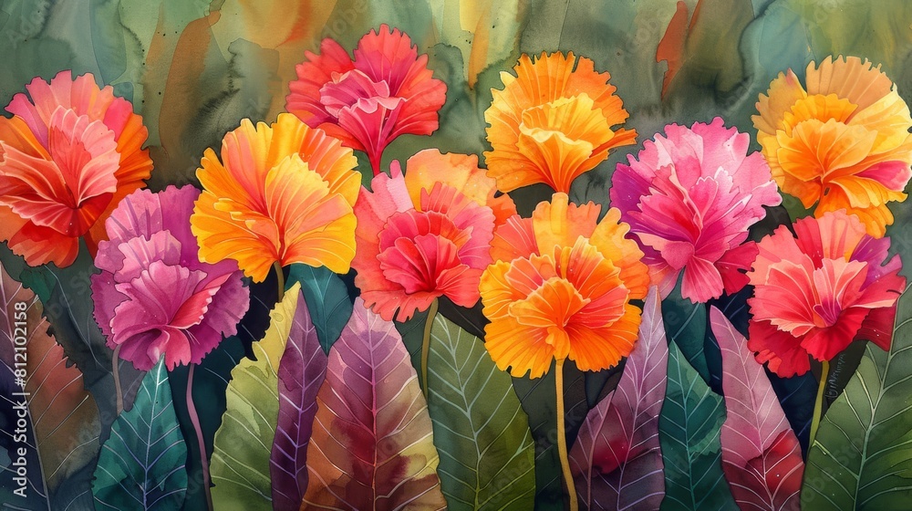 On the watercolor backdrop, cockscomb blooms stand out with their vibrant red, orange, and yellow shades, resembling the combs of roosters