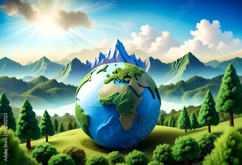 World environment day with trees mountains buildings water blue sky clouds and world globe behind all of them 3d concept © Hdesigns