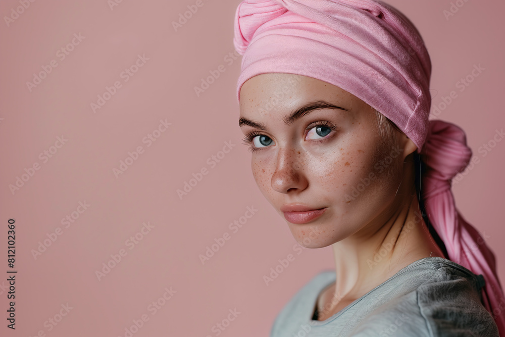 Courageous Young Woman in Pink Headscarf Facing Cancer Courageous Young Woman in Pink Headscarf Facing Cancer