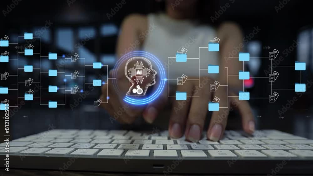 Ai Futuristic holographic interface of a file manager, folder structure with documents and data scanning, digital document storage software, cloud database, search and manage documents, paperless 