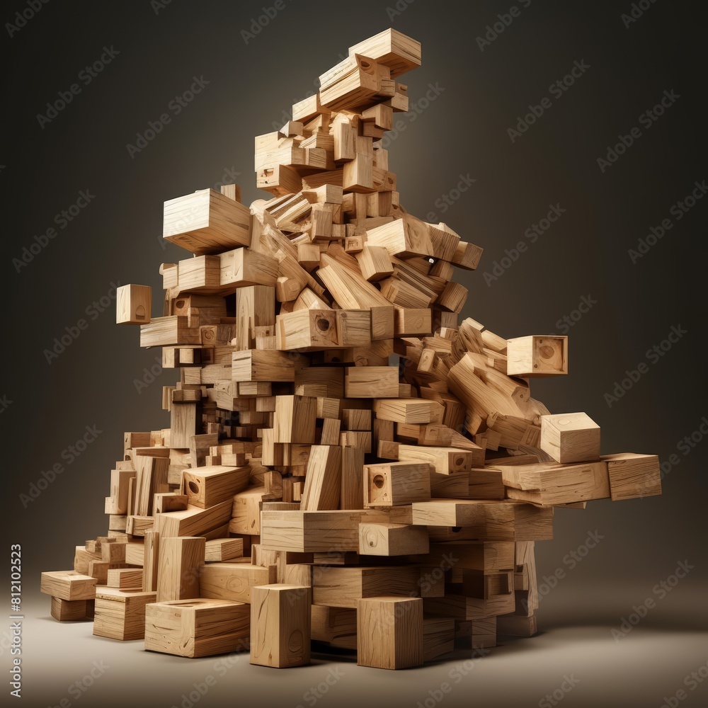 The digital artwork conveys the idea of progress and advancement in business by depicting a skillfully crafted structure of wooden blocks as a symbolic representation of success The digital artwork conveys the idea of progress and advancement in business by depicting a skillfully crafted structure of wooden blocks as a symbolic representation of success