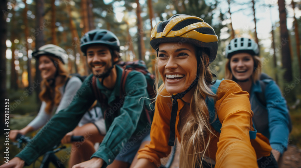 A young woman smiling and cycling in the forest with friends. A young woman smiling and cycling in the forest with friends.