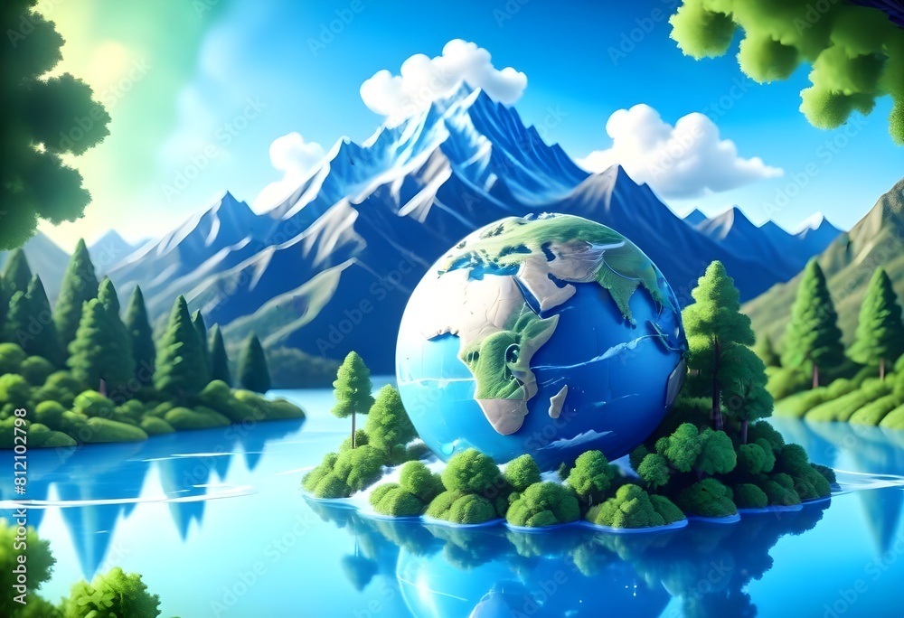 World environment day with trees mountains buildings water blue sky clouds and world globe behind all of them 3d concept
