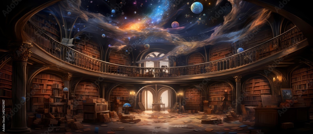 Visualize a quiet library where books come to life and converse with visitors, captured in a magical realism style, accompanied by a banner whispering literary secrets