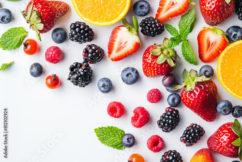 Assorted Fresh Berries and Fruit on a Clean White Background 