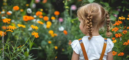 Back view of a non-Muslim girl enjoying spring flowers in a garden