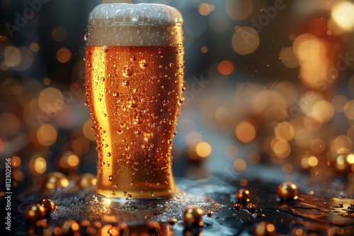 Glass of beer on a dark background with golden bokeh photo
