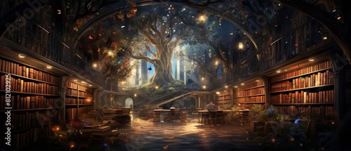 Visualize a quiet library where books come to life and converse with visitors  captured in a magical realism style  accompanied by a banner whispering literary secrets