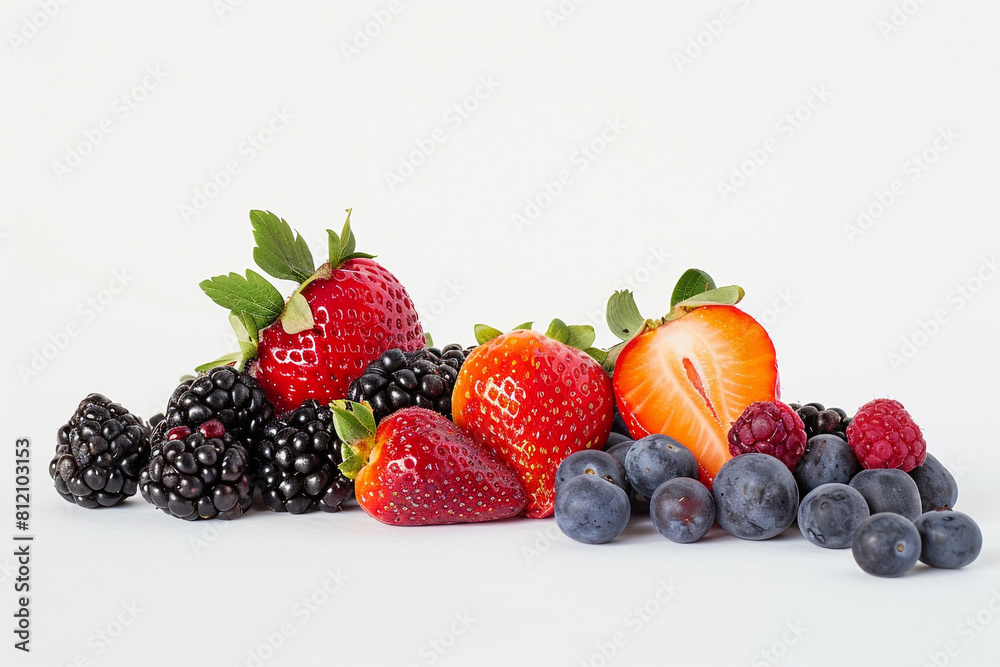 Obraz premium Assorted Fresh Berries and Fruit on a Clean White Background 