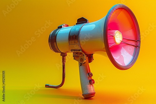 Megaphone on yellow background, Loudspeaker on color background