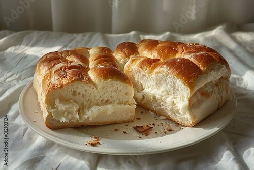 Two loaves of bread on a white plate,  Close-up