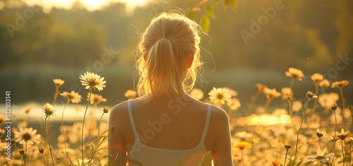 Back view of a non-Muslim girl enjoying spring flowers in a garden