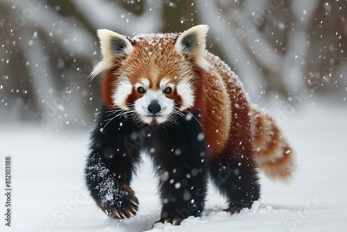 Red panda walking in the snow,  Red panda (Ailurus fulgens) photo