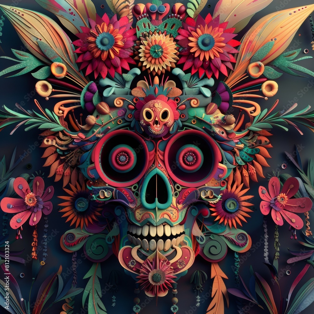 A skull made of colorful flowers on a dark background.