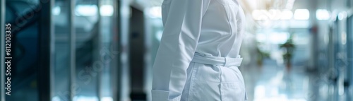 Closeup of a medical personnel s torso in a white doctor s gown, perfect for use in healthcare advertising