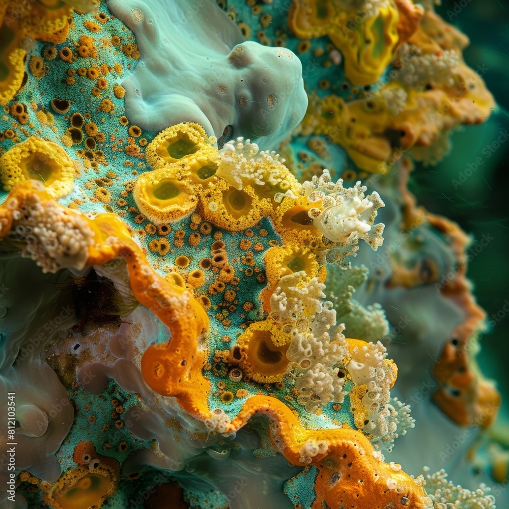 Amazing close up of a beautiful and colorful coral reef, full of life and vibrant colors.