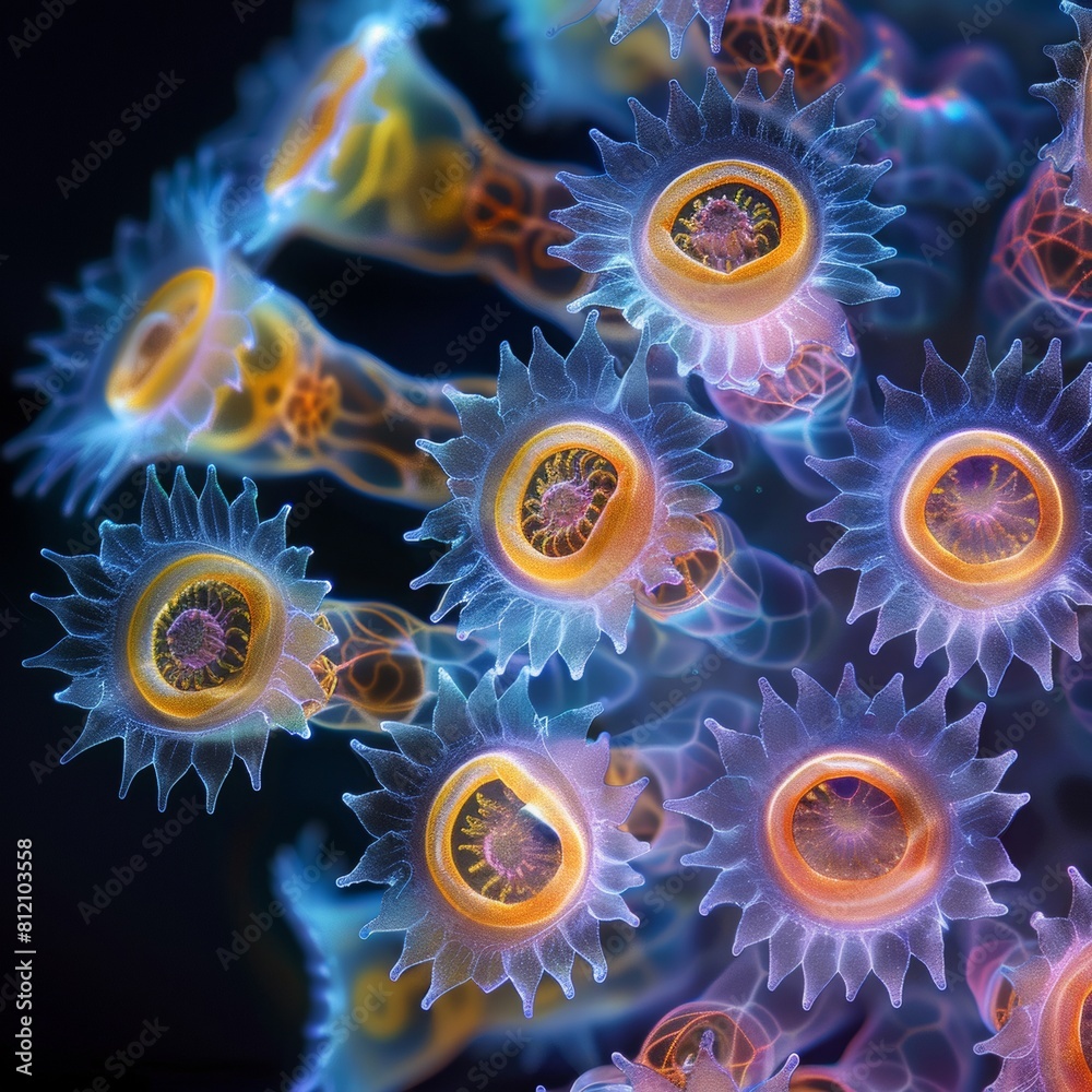 Amazing close-up photo of a group of tiny, biofluorescent, glowing coral polyps. Amazing close-up photo of a group of tiny, biofluorescent, glowing coral polyps.