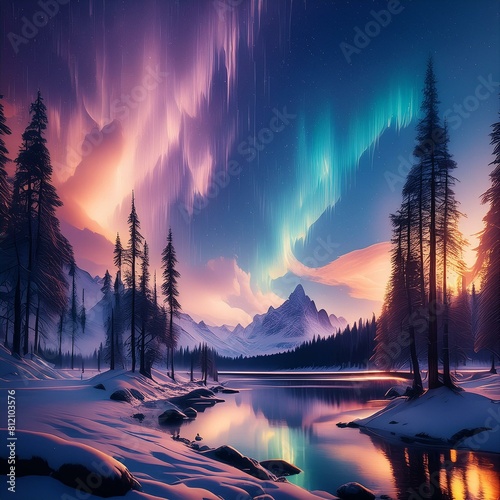 Para un fondo de pantalla inspirado en una aurora boreal, visualiza un cielo nocturno lleno de magia y misterio. En el horizonte, brillantes cortinas de colores bailan en el firmamento, pintando el ci