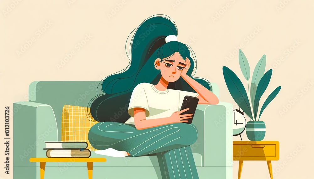 Young Woman Relaxing with Smartphone. Young woman lying on couch using phone, serene indoor setting with plant and clock. Young Woman Relaxing with Smartphone. Young woman lying on couch using phone, serene indoor setting with plant and clock.