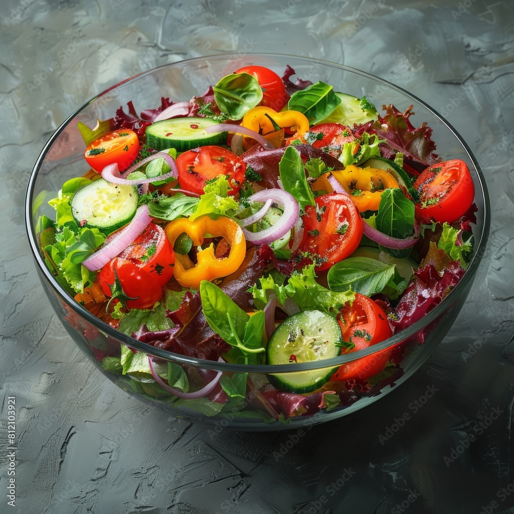 A bowl of salad with tomatoes, peppers and onions.