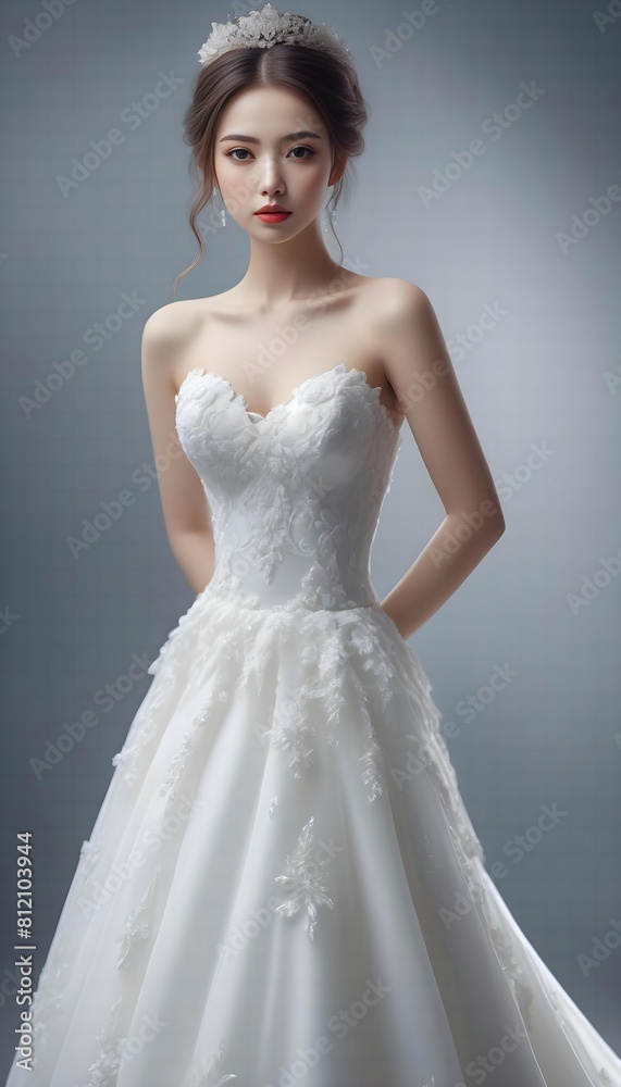 Elegant bride in charming wedding outfit, high quality portrait, isolated on a background