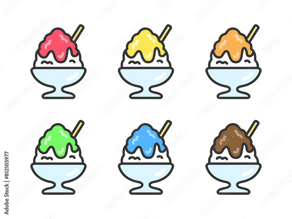 色んな味の、かき氷のアイコン(線画カラー)のイラスト 色んな味の、かき氷のアイコン(線画カラー)のイラスト