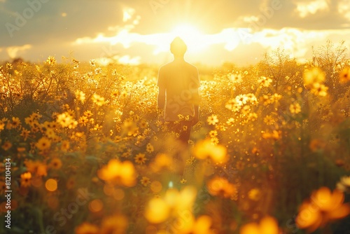 Man standing in the field of yellow flowers at sunset or sunrise
